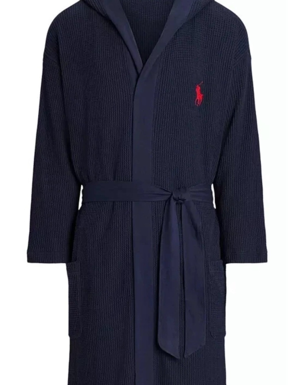 Polo Ralph Lauren Mens Navy Waffle Knit Hooded Bathrobe Red Pony Belted Large